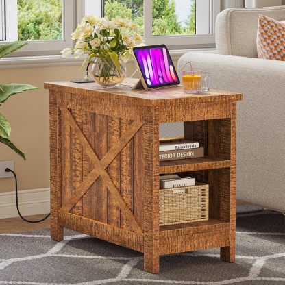 End Table with Charging Station, Farmhouse Narrow Side Table with Storage Shelf