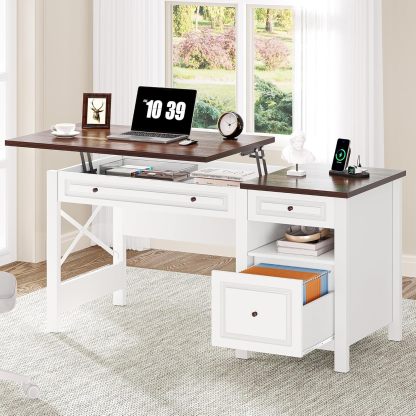 Computer Desk with Drawers, Farmhouse Desk with Lift Top, Office Desk with Power Outlets