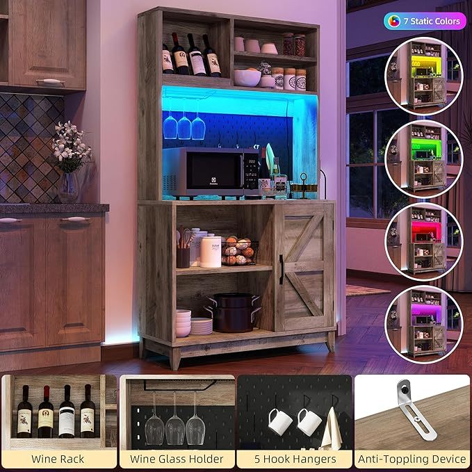 Farmhouse Pantry Cabinet - 71" Kitchen Pantry with Lights & Charging Station Hutch Cabinet with Storage