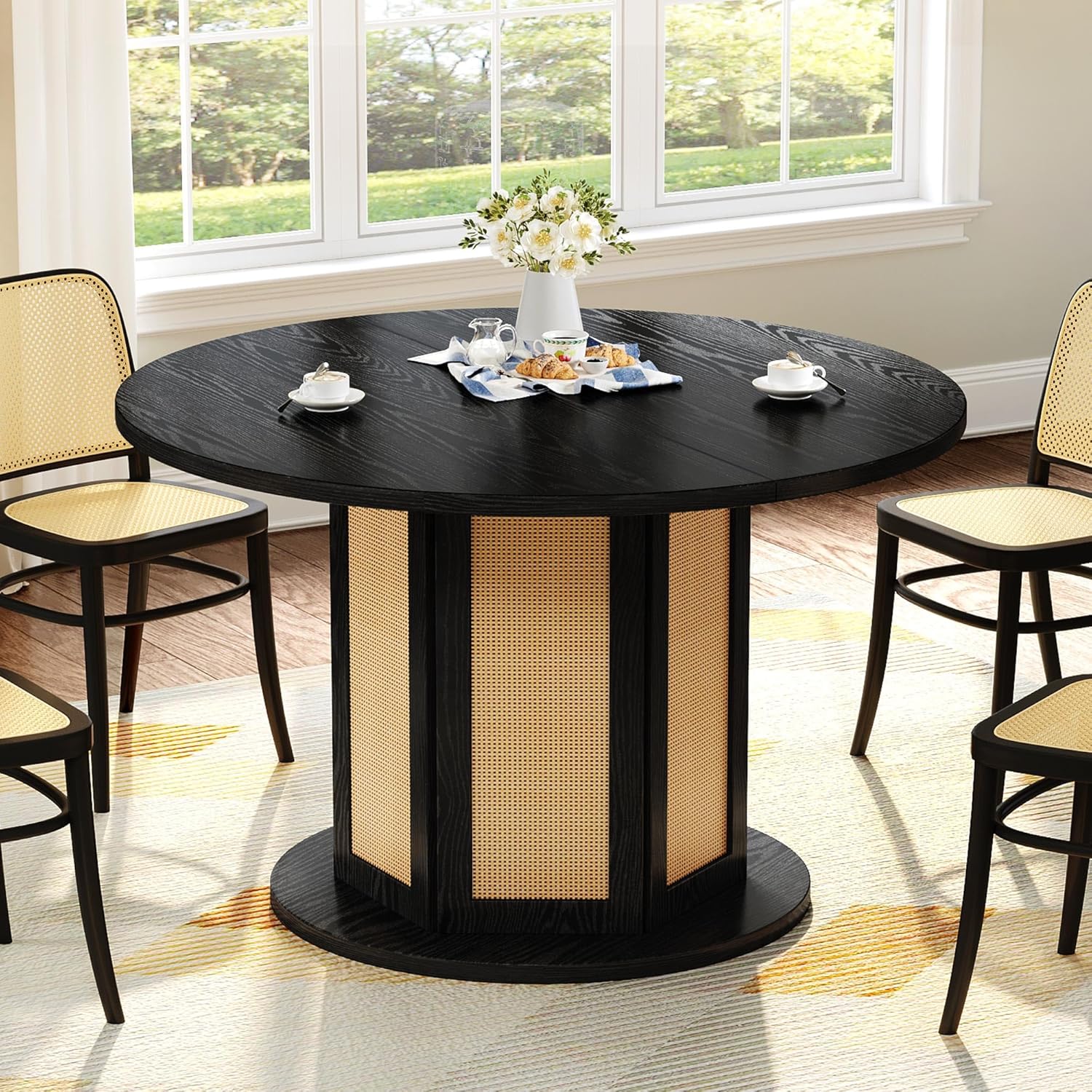 Round Dining Table for 4-6 People 47 Inch Circle Dining Table with Wooden Rattan Base Modern Farmhouse Kitchen