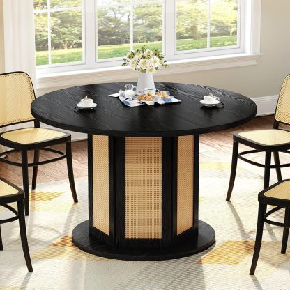 Round Dining Table for 4-6 People 47 Inch Circle Dining Table with Wooden Rattan Base Modern Farmhouse Kitchen