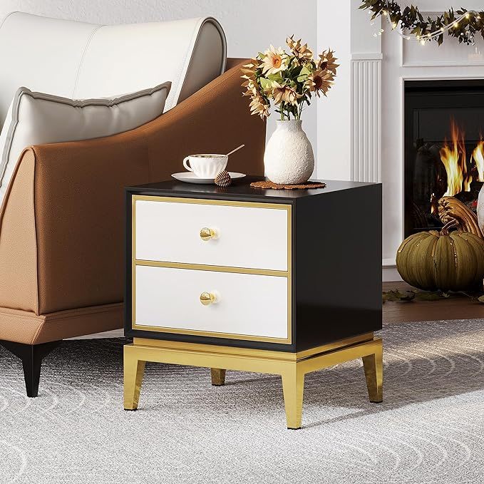 Gold and Black Modern Nightstand with Solid Wood Drawers Storage End Table