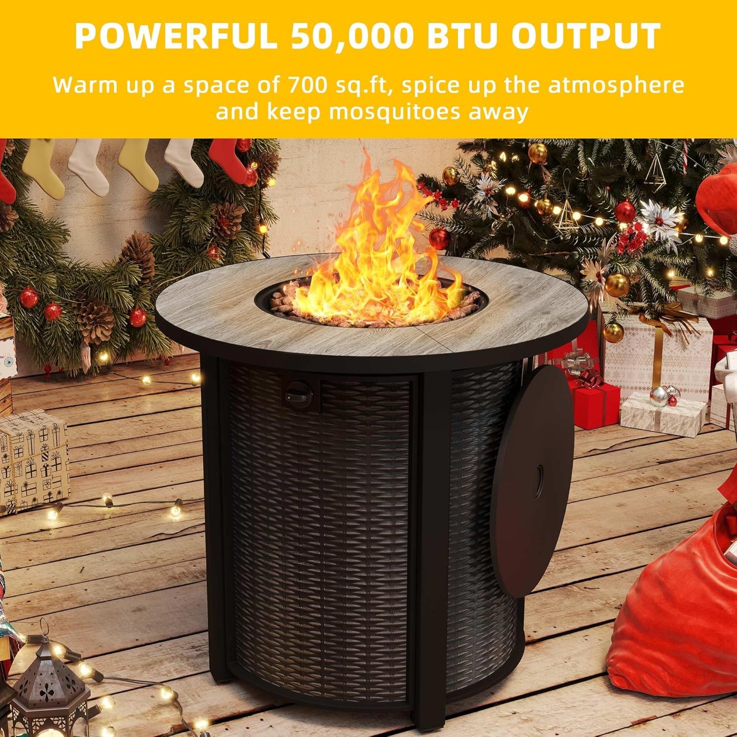 Propane Fire Pit Table 30 Inch Outdoor Round Gas Firepit 50,000 BTU Auto-Ignition Gas Fire Pits for Outside Patio Ceramic Tabletop fire Pit with Lid