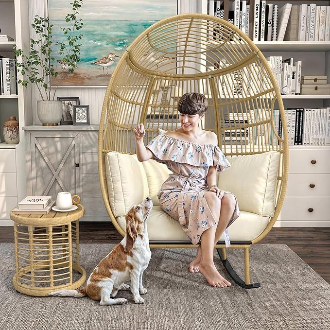 Outdoor Rocking Egg Chair, Patio Rocking Chair Oversized, 370lb Capacity, Anti-Slip