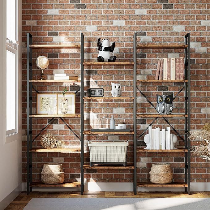 Bookcases and Bookshelves Triple Wide 5 Tiers Industrial Bookshelf, Large Etagere Bookshelf Open Display Shelves with Metal Frame for Living Room Bedroom Home Office