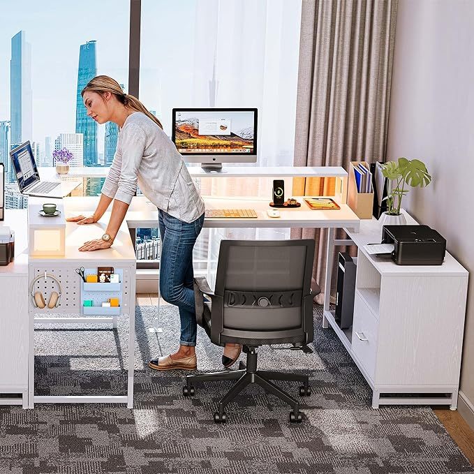 U Shaped Desk with Drawers, 72.8" Reversible L Shaped Desk with Power Outlets