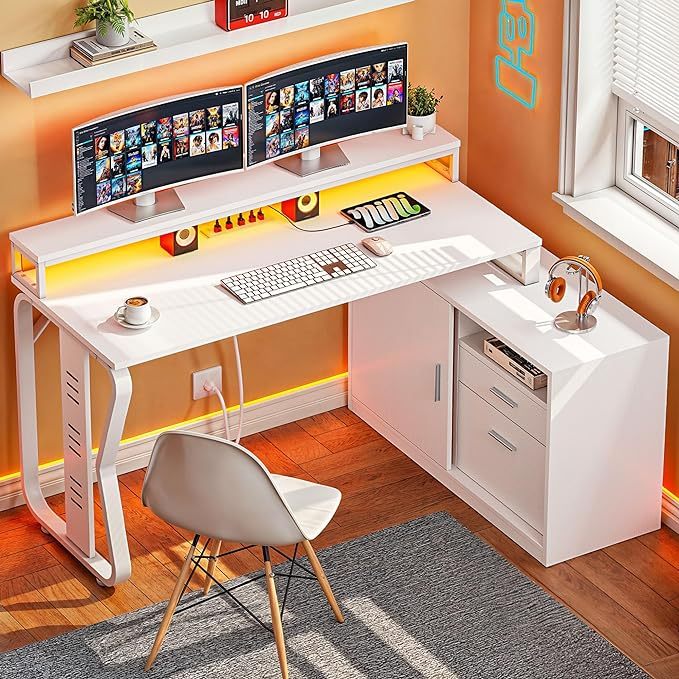 Reversible L Shaped Desk with Drawers, 55" Corner Computer Desk with Power Outlets