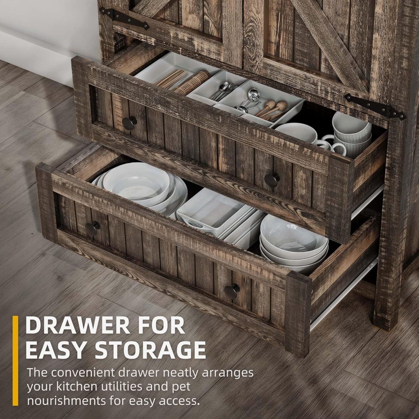 Farmhouse Kitchen Pantry Cabinet, 64.5" Tall Storage Cabinet with 2 Drawers & Adjustable Shelves, Ideal for Kitchen, Living Room, or Entryway, Dark Rustic