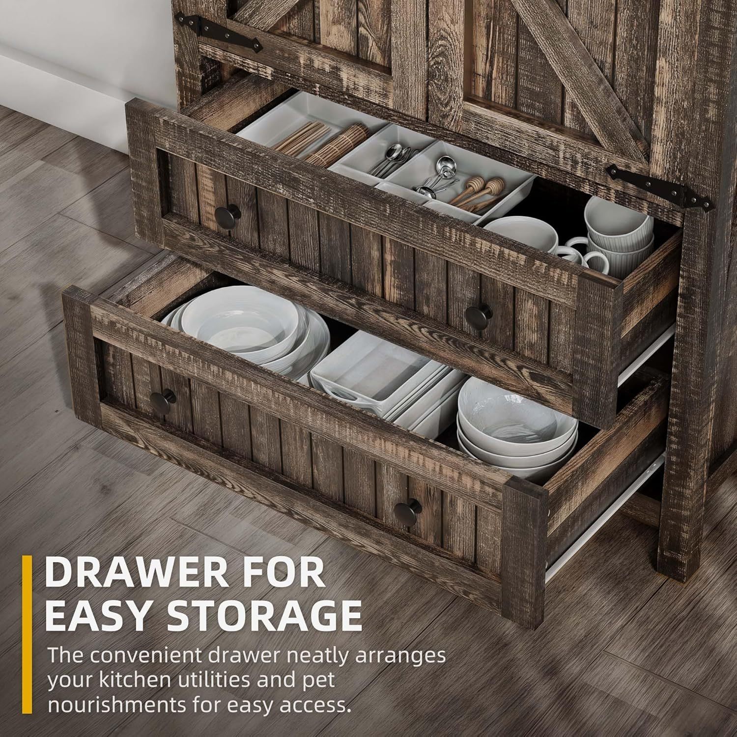 Farmhouse Kitchen Pantry Cabinet, 64.5" Tall Storage Cabinet with 2 Drawers & Adjustable Shelves, Ideal for Kitchen, Living Room, or Entryway, Dark Rustic