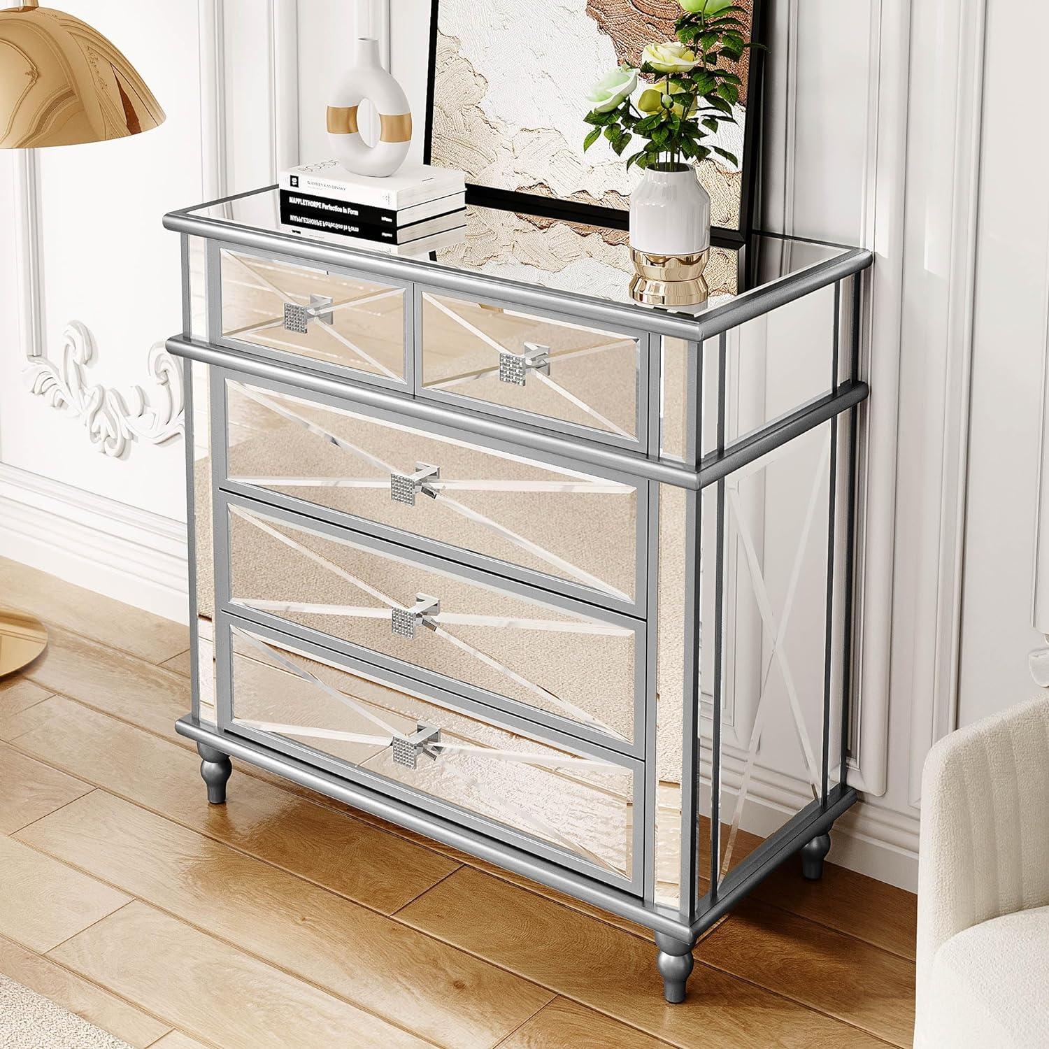 Silver Mirrored 5 Drawer Dressers, 35" Accent Chest with Drawers