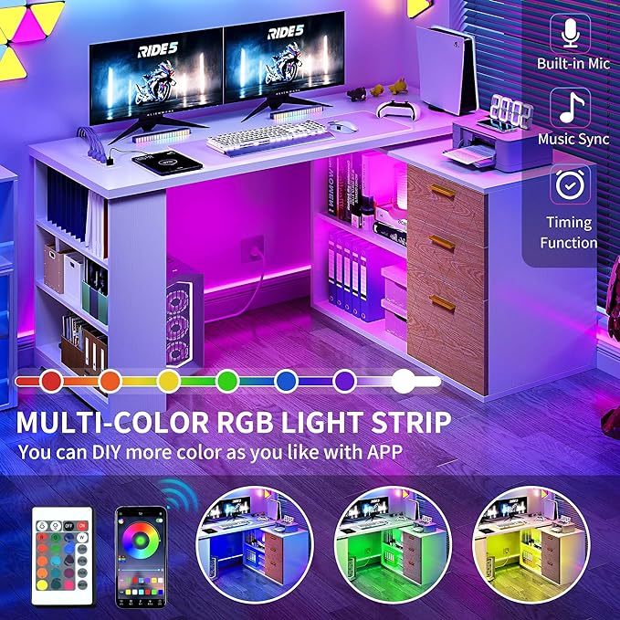 L Shaped Desk with Drawers, 59" Corner Computer Desk with Power Outlets & LED Lights