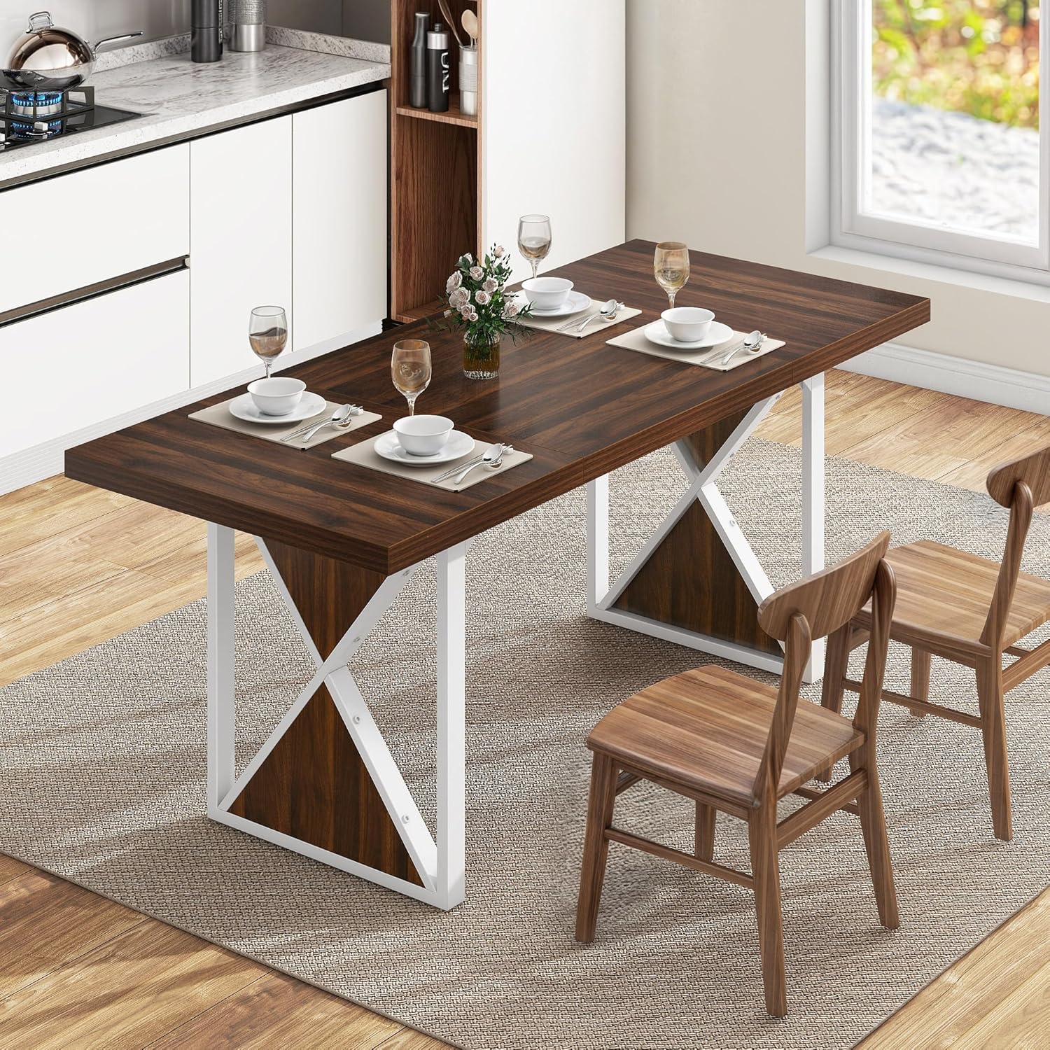 70.8'' Long Dining Table for 6-8 People Farmhouse Rectangular Kitchen Table with Heavy Duty Metal Legs Large Rustic Dinner Table
