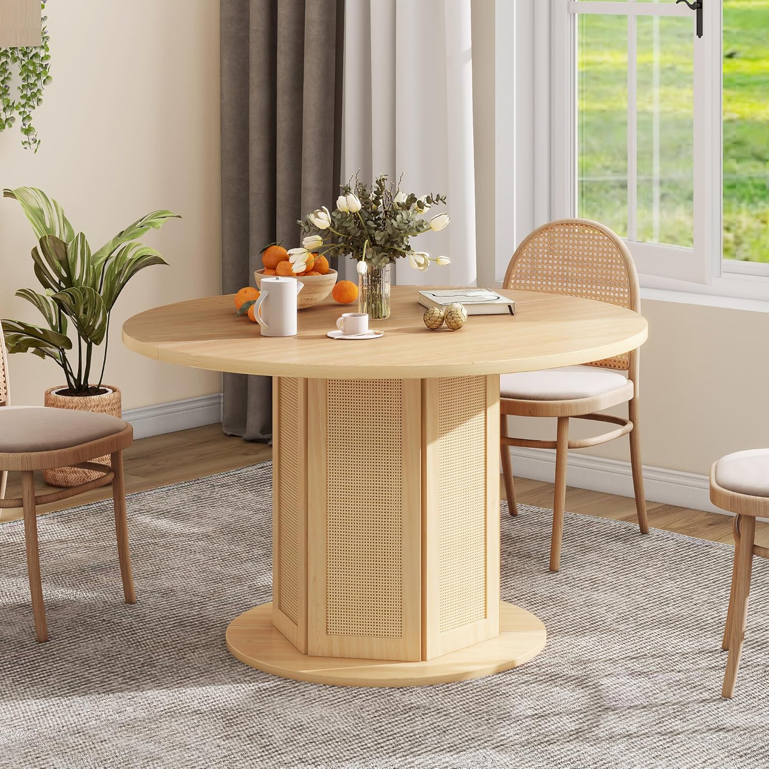 Round Dining Table for 4-6 People Circle Dining Table with Wooden Rattan Base Modern Farmhouse Kitchen Table