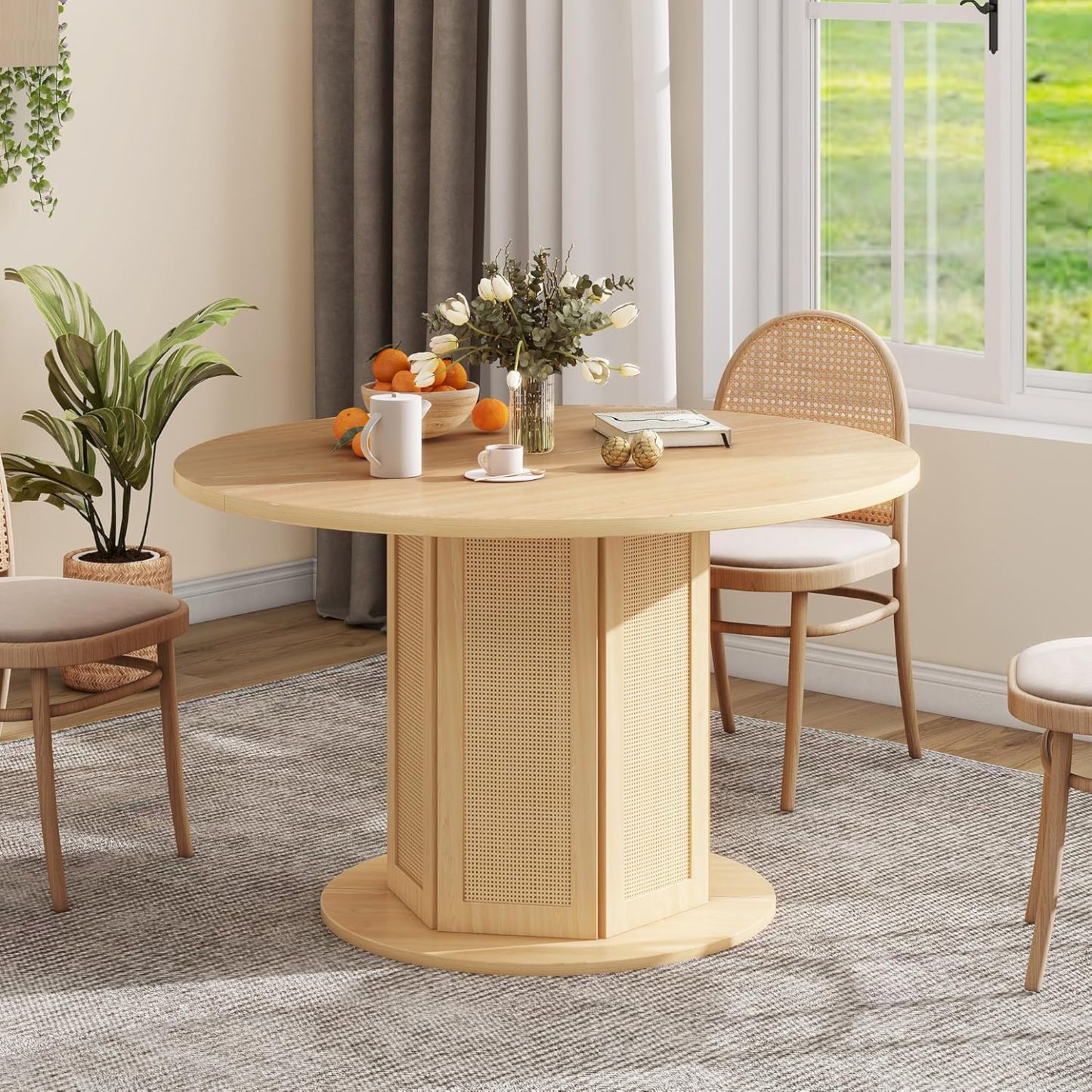 Round Dining Table for 4-6 People Circle Dining Table with Wooden Rattan Base Modern Farmhouse Kitchen Table