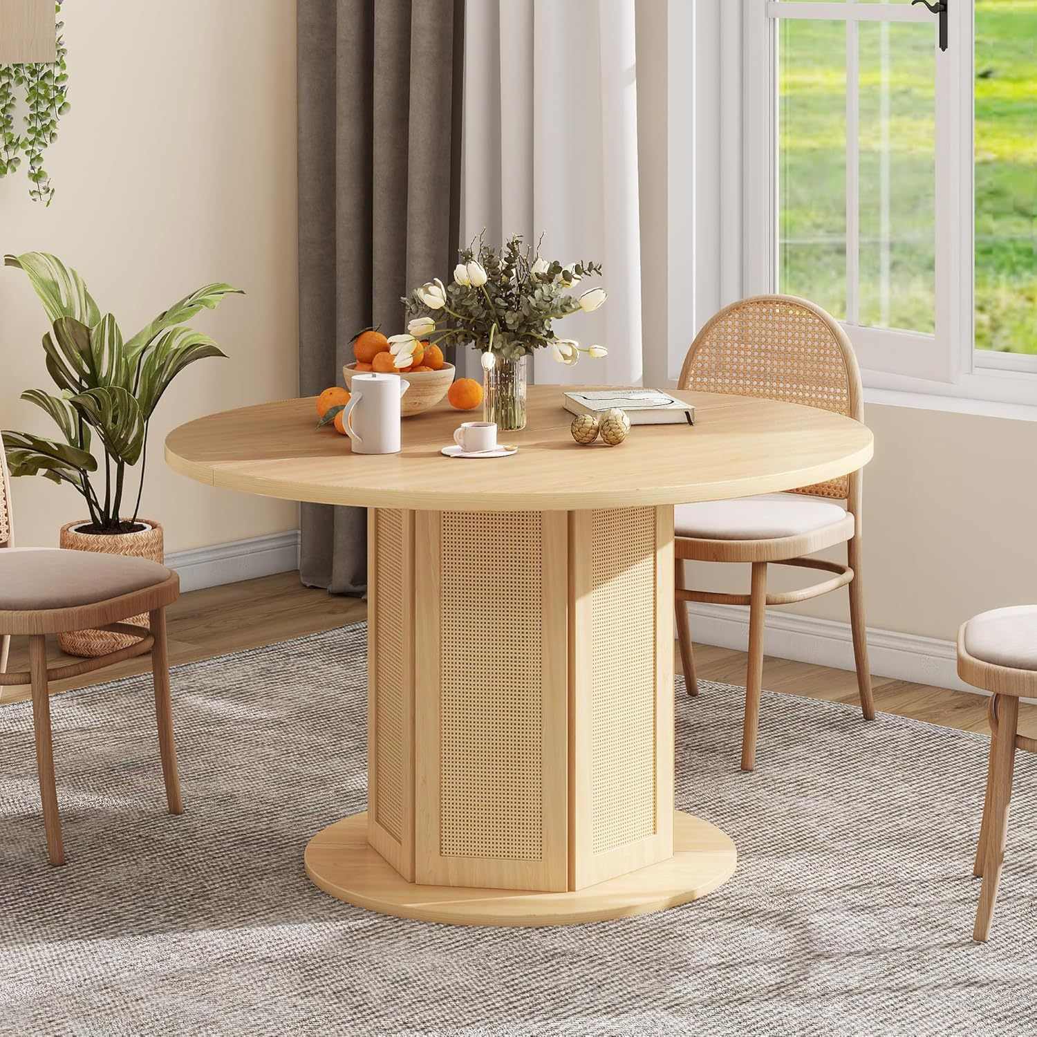Round Dining Table for 4-6 People Circle Dining Table with Wooden Rattan Base Modern Farmhouse Kitchen Table