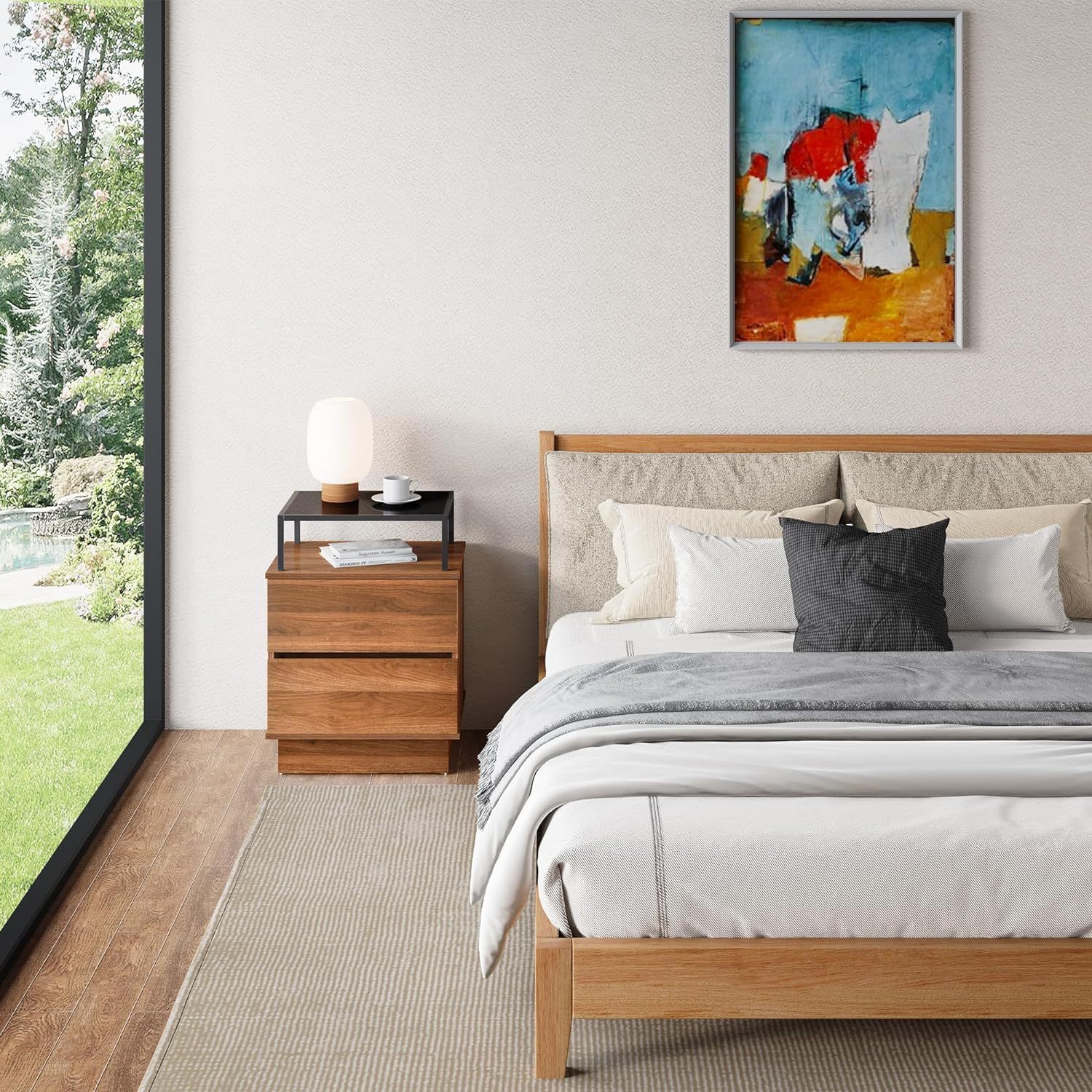 28 Inch Nightstand with 2 Drawers Walnut Color Farmhouse Wood Night Stand