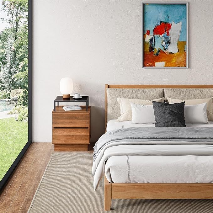 28 Inch Nightstand with 2 Drawers Walnut Color Farmhouse Wood Night Stand