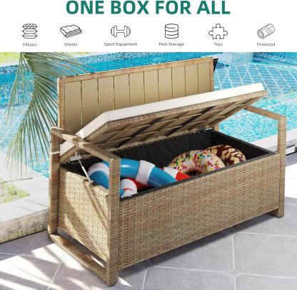 70 Gallon Outdoor Storage Bench, All-Weather PE Rattan Deck Box, Wicker Storage Seat Box