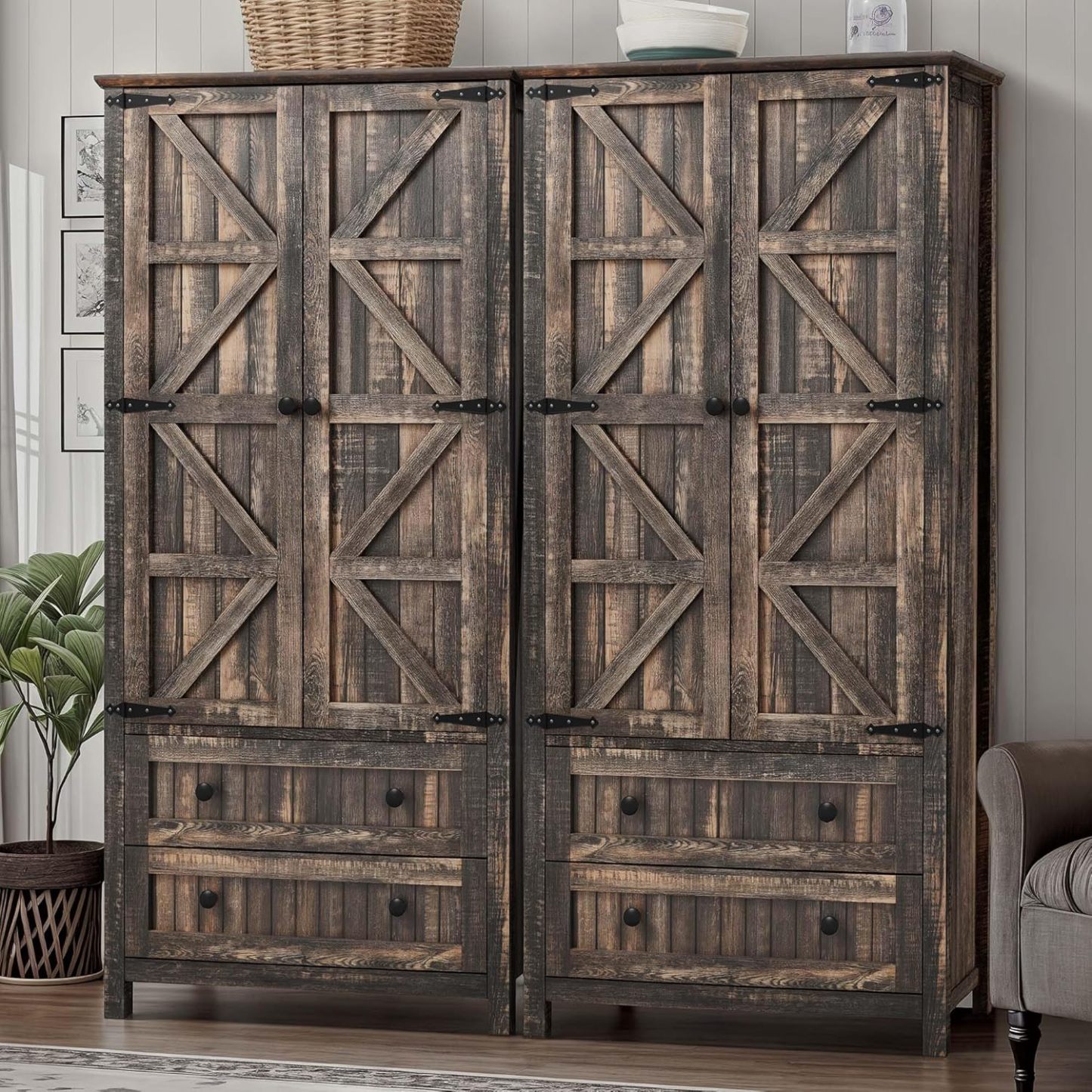 Farmhouse Kitchen Pantry Cabinet, 64.5" Tall Storage Cabinet with 2 Drawers & Adjustable Shelves, Ideal for Kitchen, Living Room, or Entryway, Dark Rustic