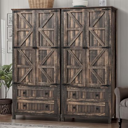 Farmhouse Kitchen Pantry Cabinet, 64.5" Tall Storage Cabinet with 2 Drawers & Adjustable Shelves, Ideal for Kitchen, Living Room, or Entryway, Dark Rustic