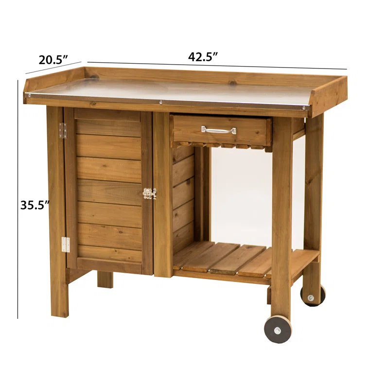 Gardeners Table with Wheels Cabinet and Drawer 42.5"Wx20.5"Dx35.5"H