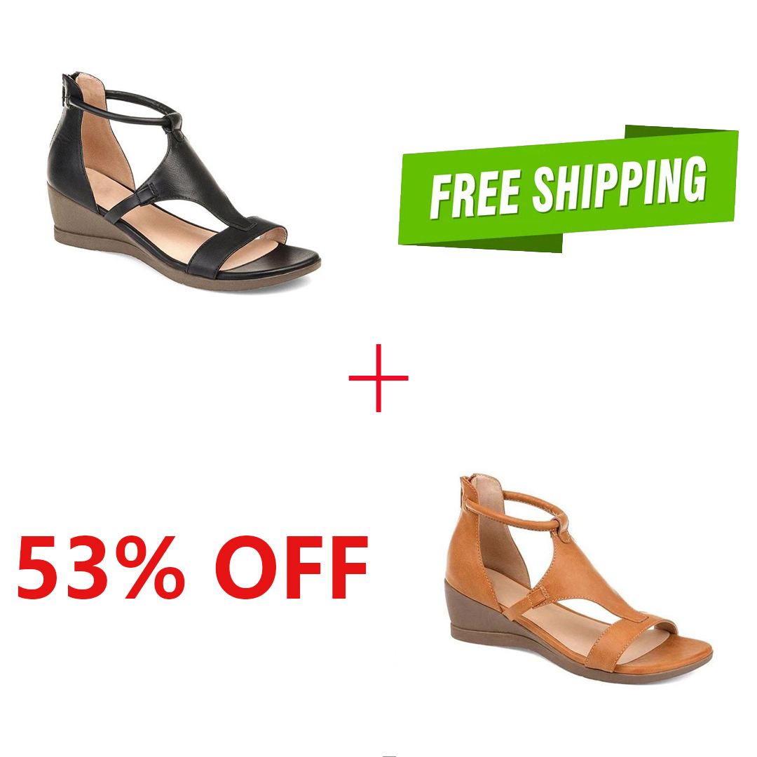 😍[May New]😍Womens Casual T-Strap Low Wedge Sandals Back Zipper Ankle Strap Shoes