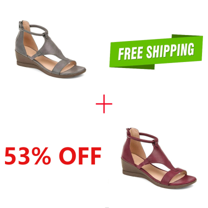 😍[May New]😍Womens Casual T-Strap Low Wedge Sandals Back Zipper Ankle Strap Shoes