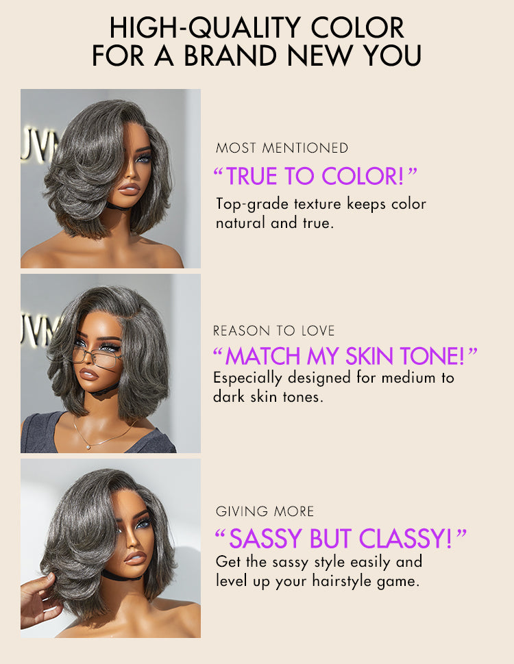 Boss Vibe Salt & Pepper Layered Bob / Body Wave Glueless Pre-Cut Minimalist Lace Grey Wig
