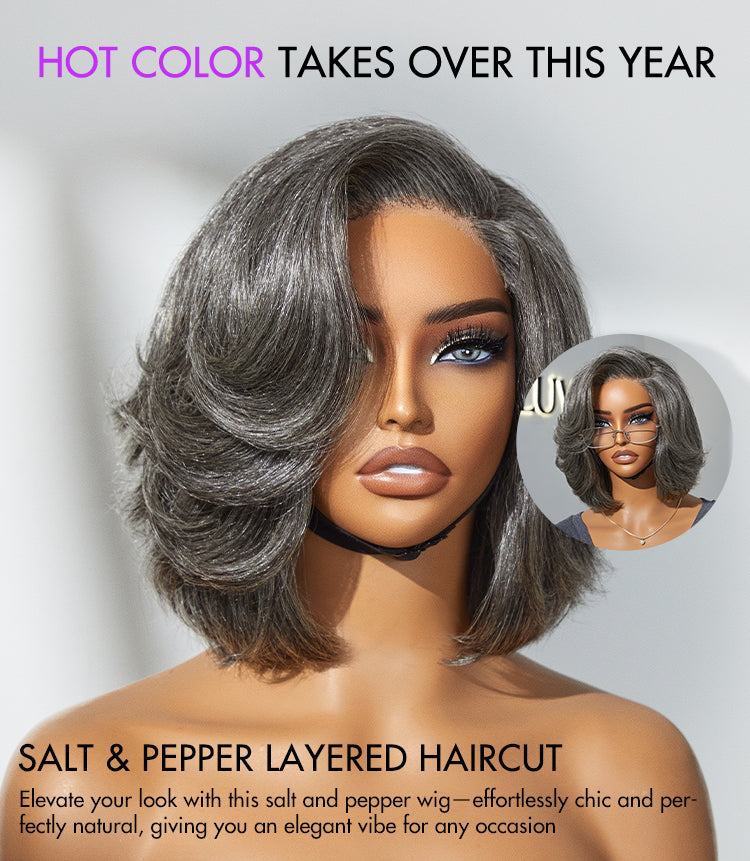 Boss Vibe Salt & Pepper Layered Bob / Body Wave Glueless Pre-Cut Minimalist Lace Grey Wig