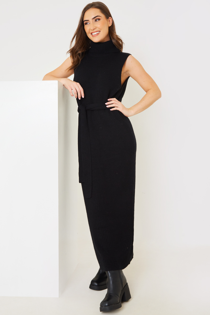 Roll Neck Sleeveless Belted Midaxi Knitted Dress
