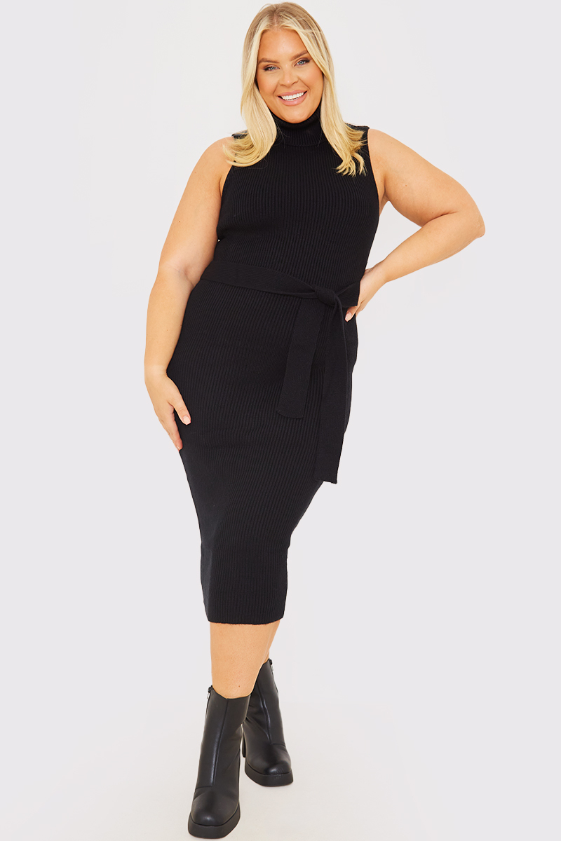 Roll Neck Sleeveless Belted Midaxi Knitted Dress