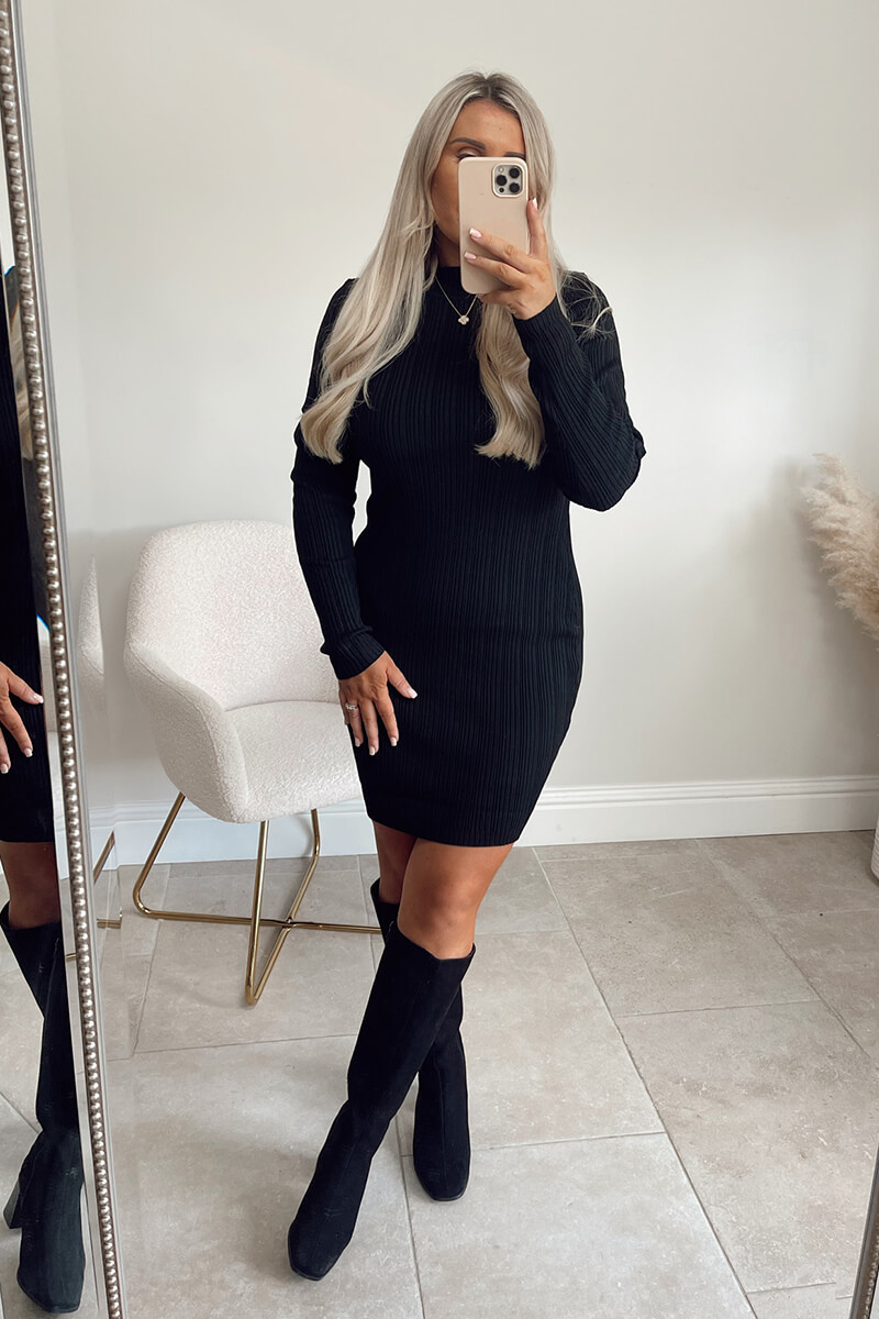 High Neck Variegated Rib Knit Mini Dress