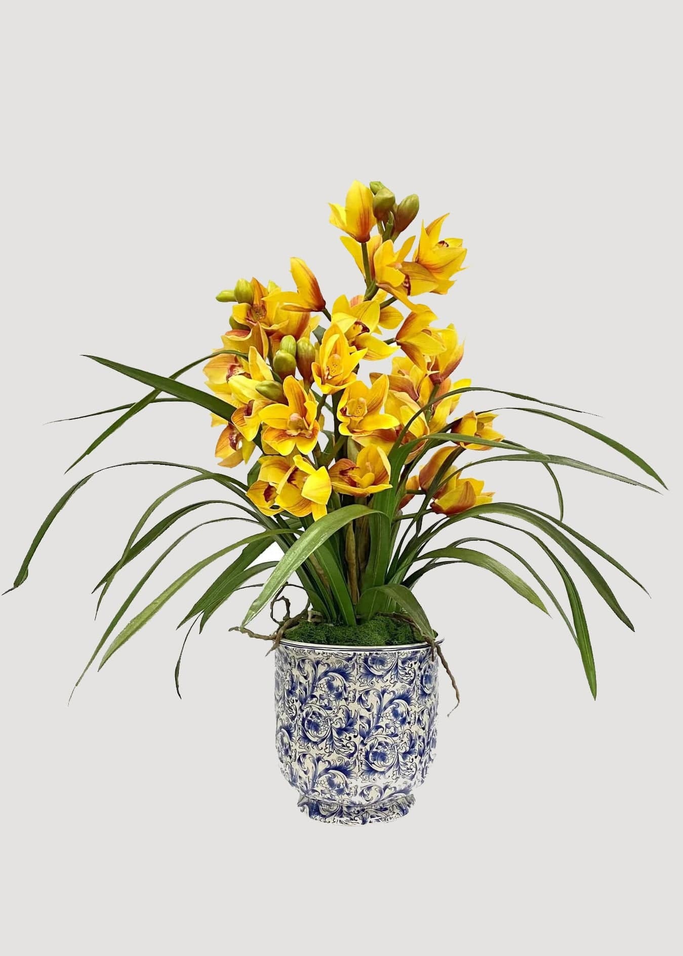 Yellow Faux Orchid Arrangement in Blue Ceramic Pot - 27