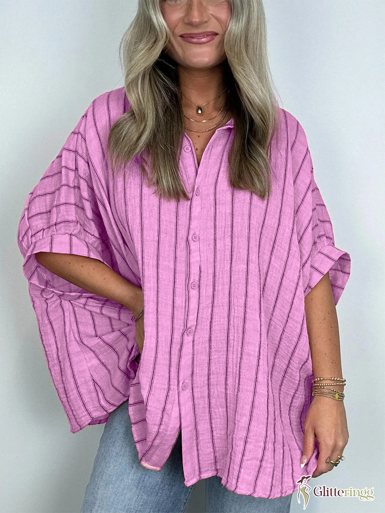 2024 Popular Oversized Striped Button Down Top Shirt Jacket