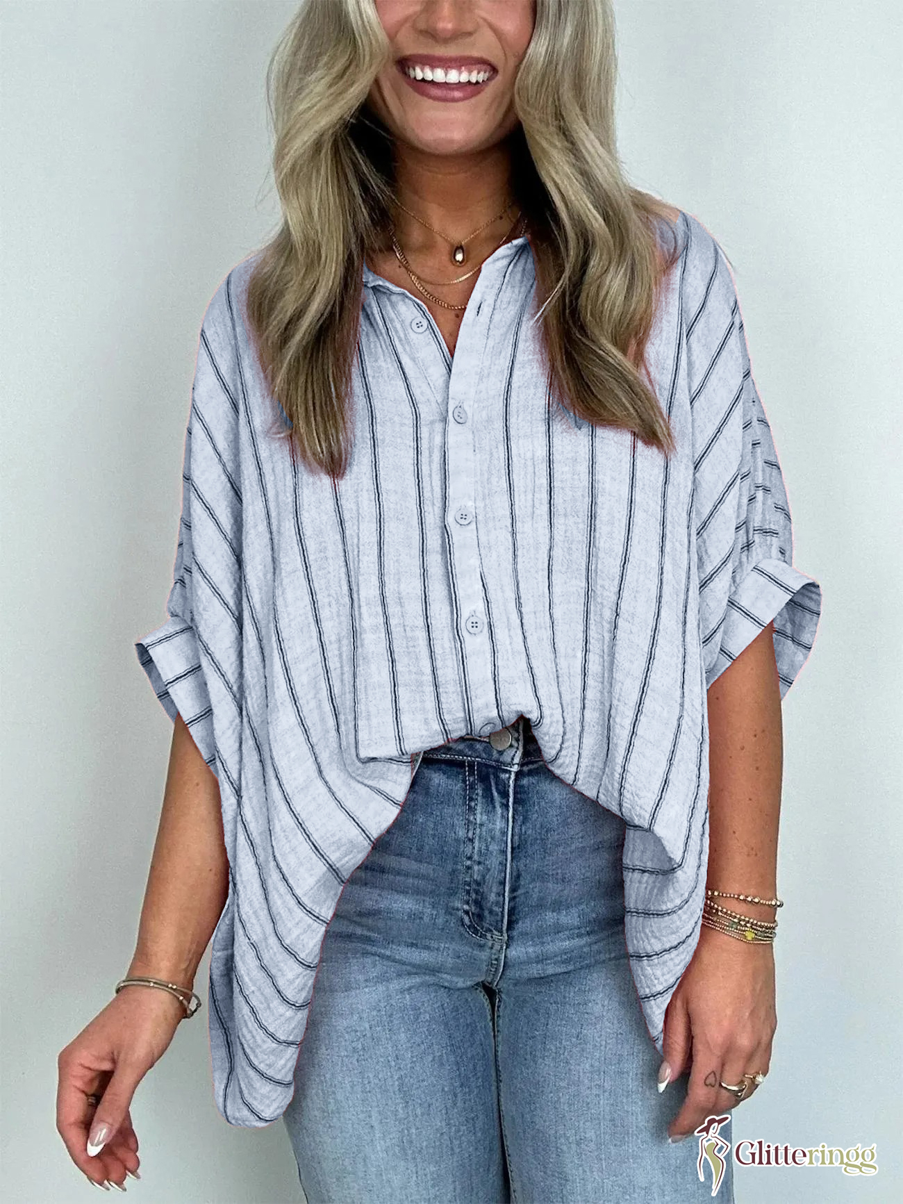 2024 Popular Oversized Striped Button Down Top Shirt Jacket