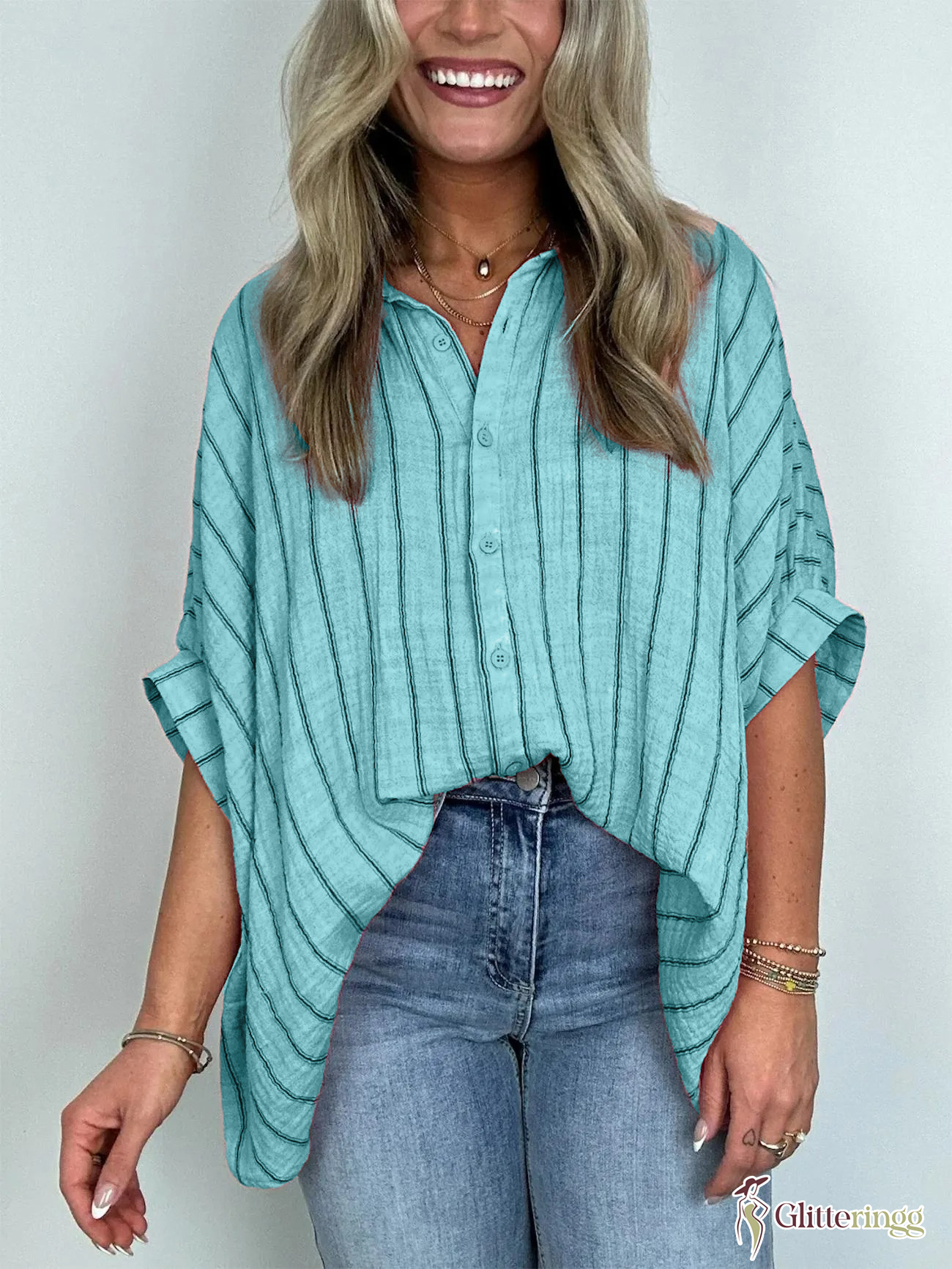 2024 Popular Oversized Striped Button Down Top Shirt Jacket