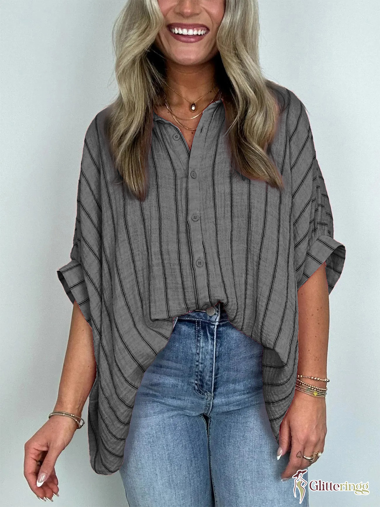2024 Popular Oversized Striped Button Down Top Shirt Jacket
