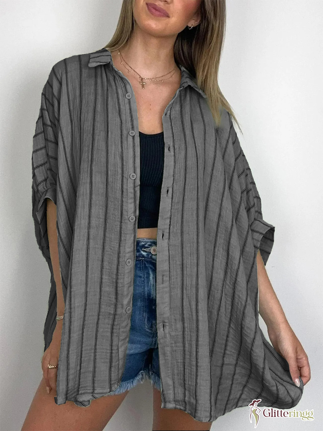2024 Popular Oversized Striped Button Down Top Shirt Jacket