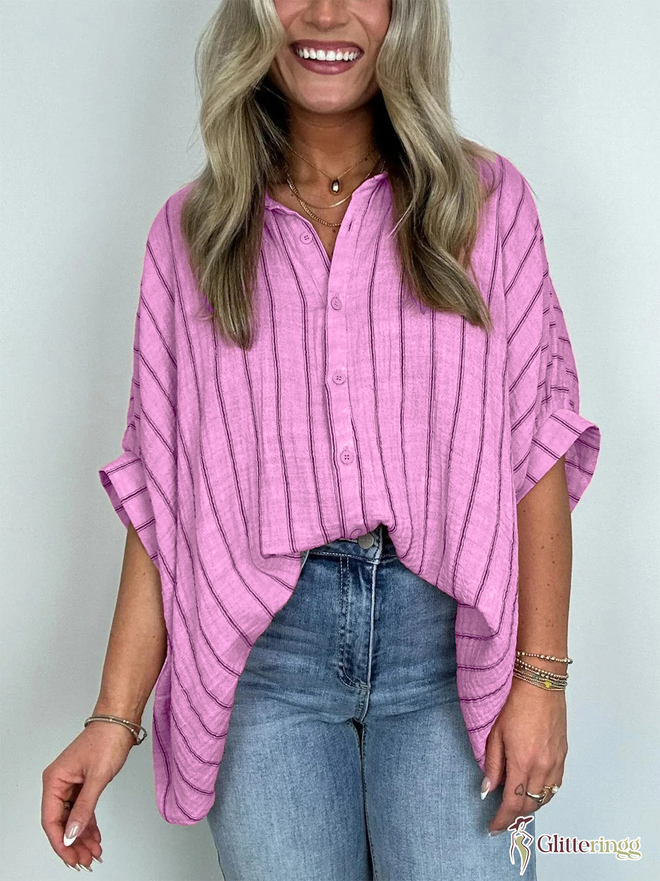 2024 Popular Oversized Striped Button Down Top Shirt Jacket