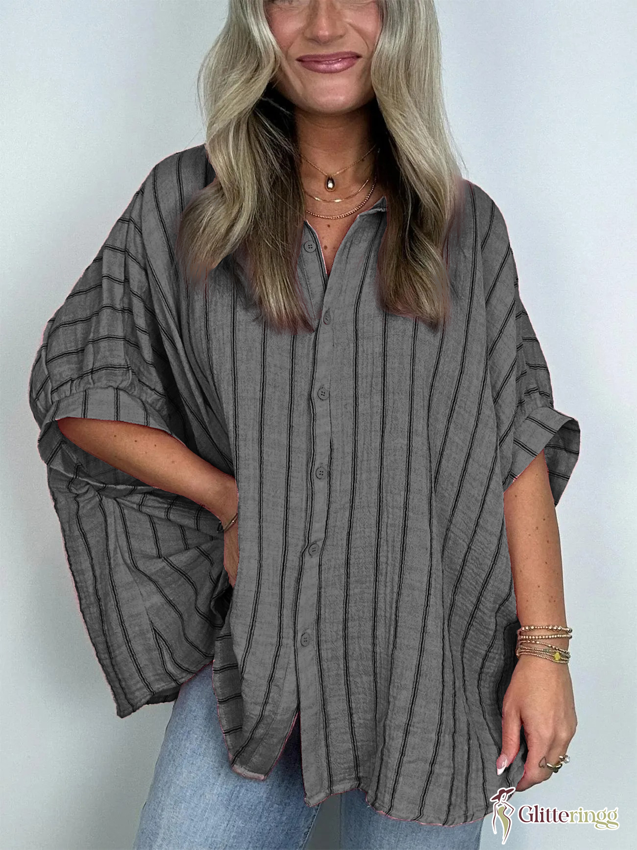 2024 Popular Oversized Striped Button Down Top Shirt Jacket