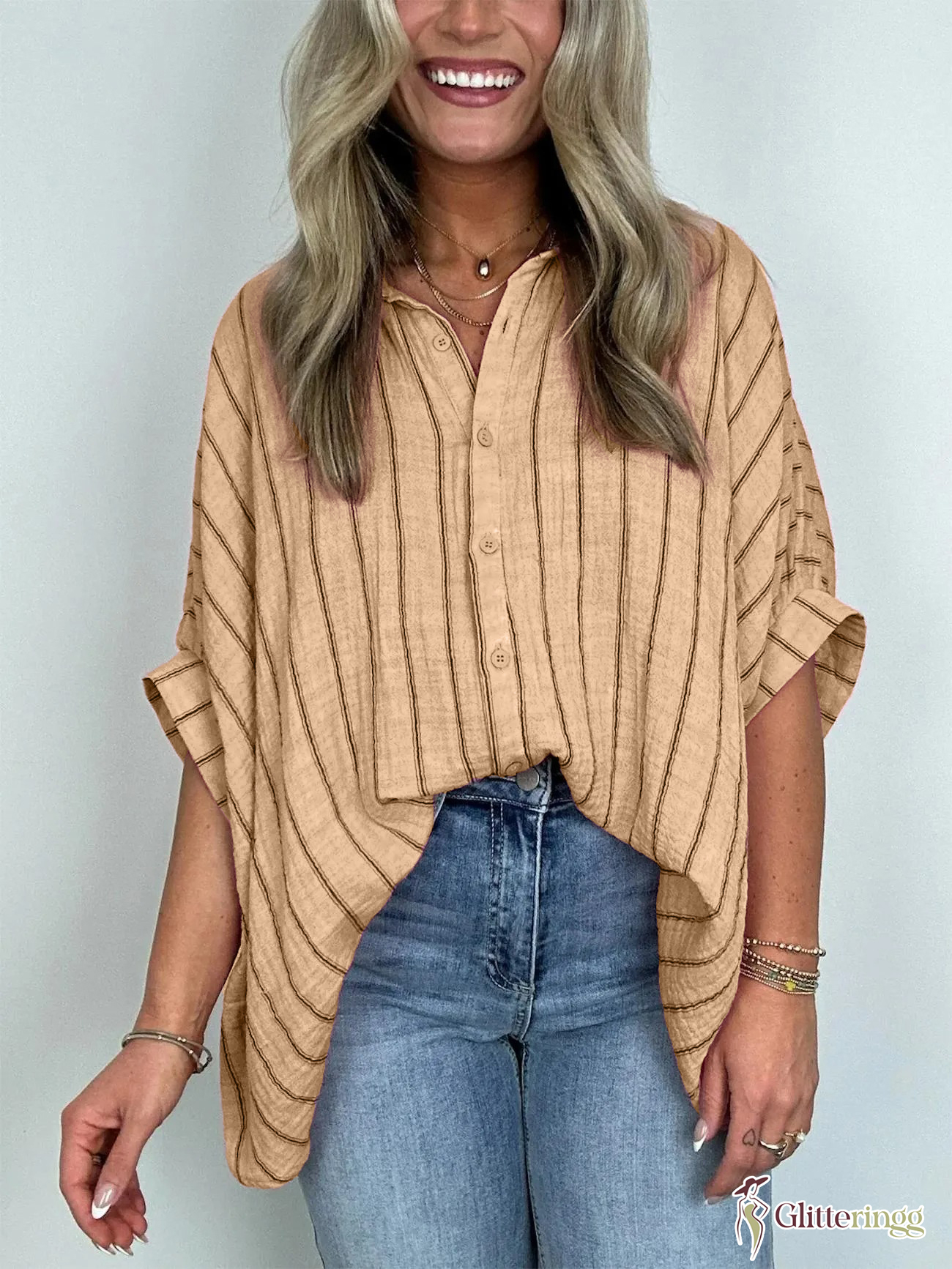 2024 Popular Oversized Striped Button Down Top Shirt Jacket