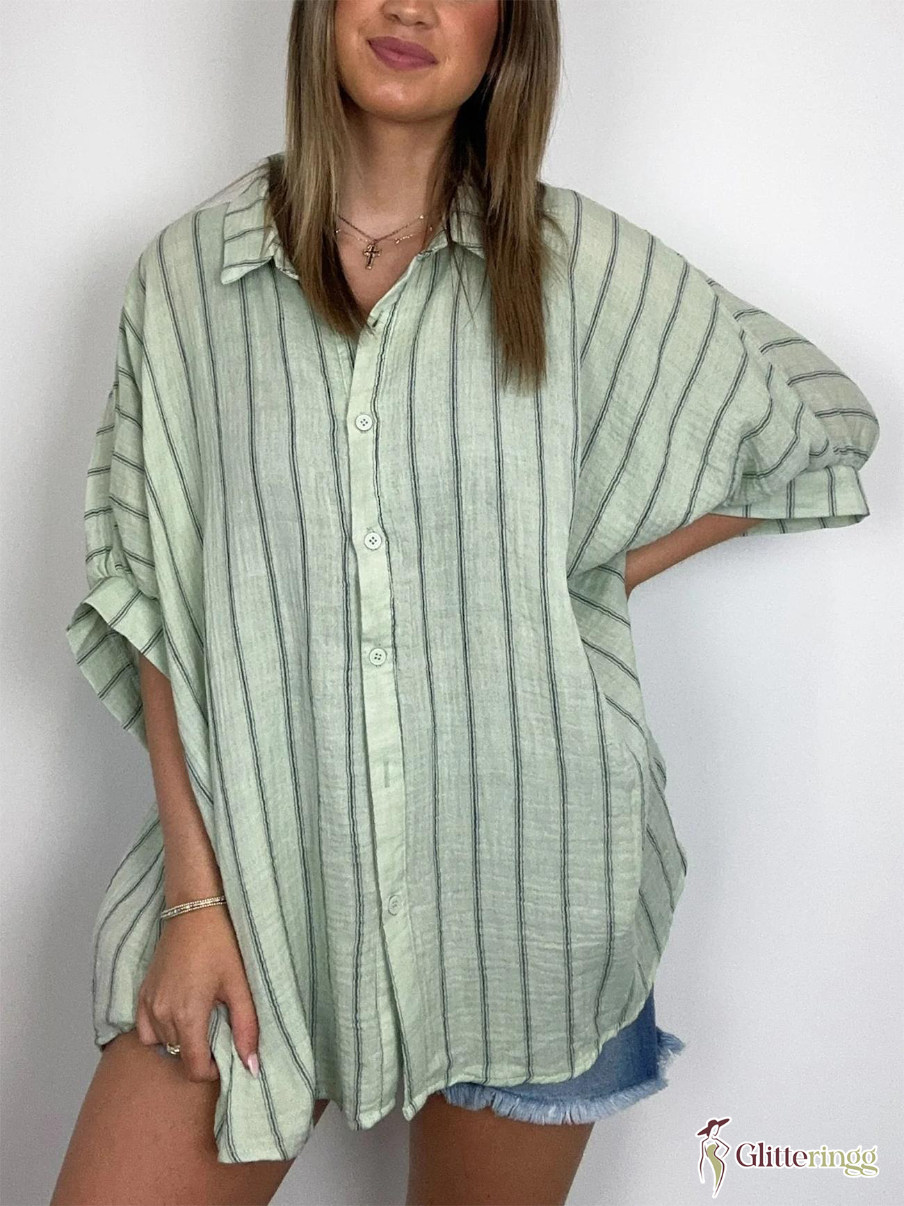 2024 Popular Oversized Striped Button Down Top Shirt Jacket