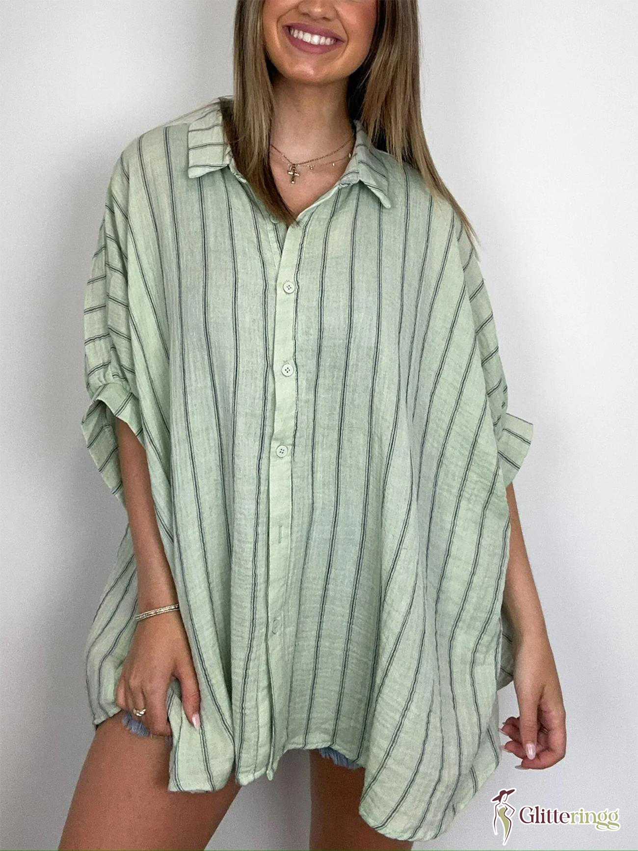 2024 Popular Oversized Striped Button Down Top Shirt Jacket