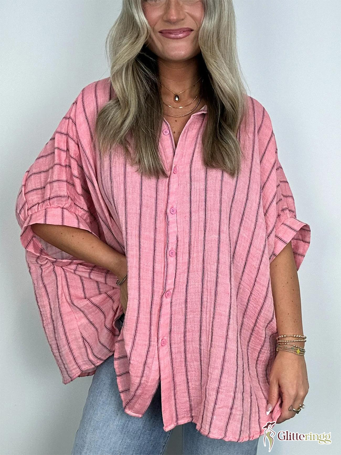 2024 Popular Oversized Striped Button Down Top Shirt Jacket