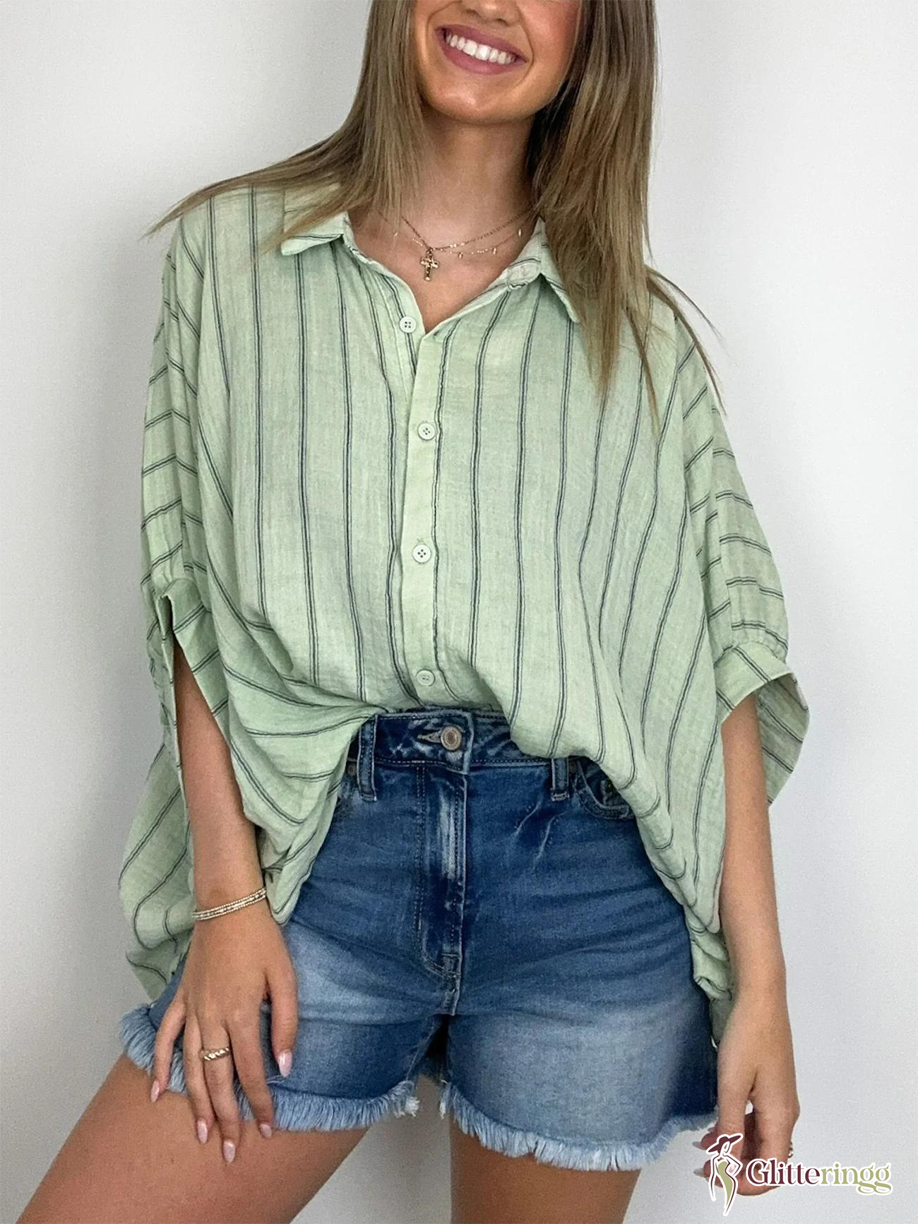 2024 Popular Oversized Striped Button Down Top Shirt Jacket