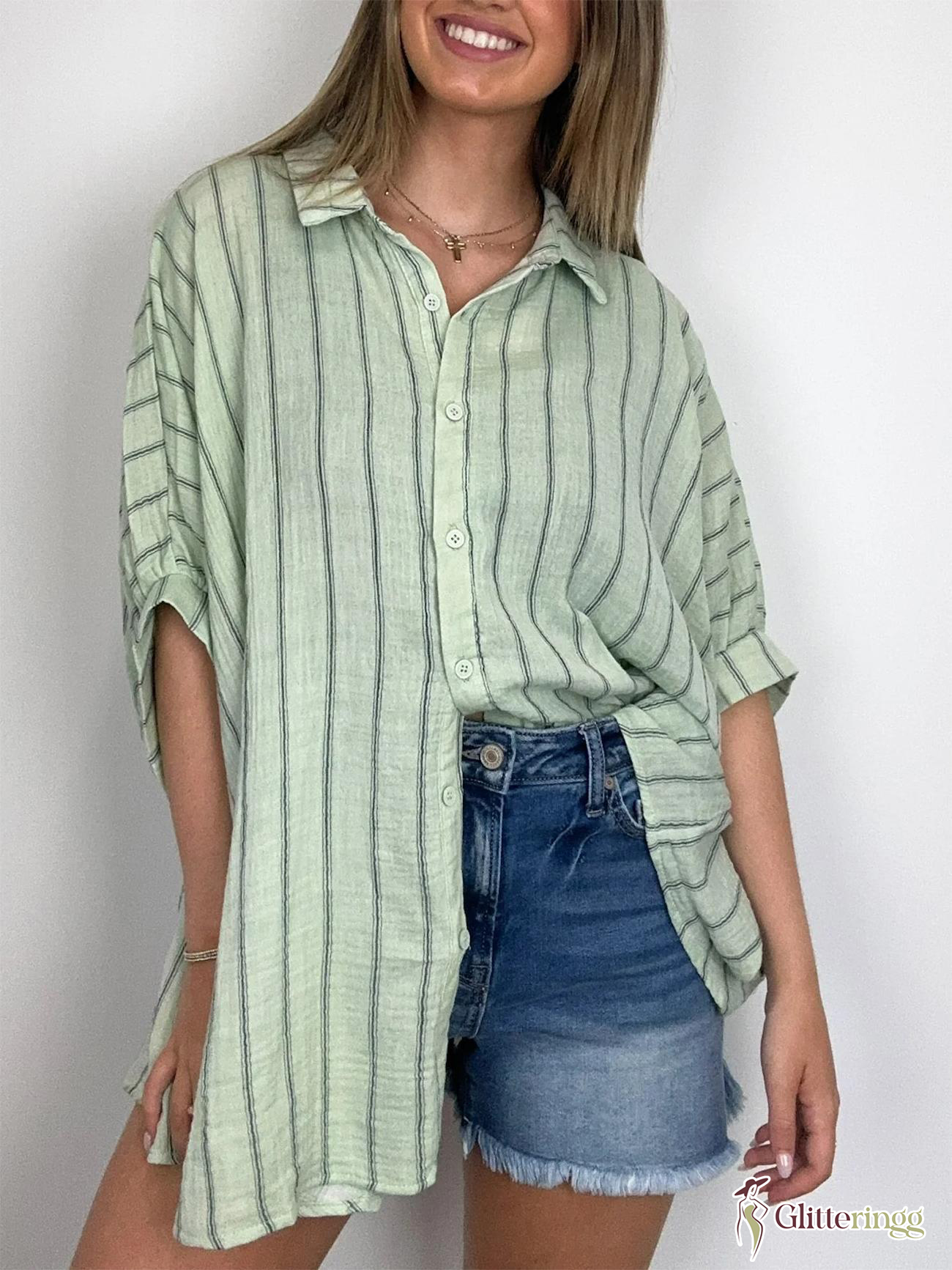2024 Popular Oversized Striped Button Down Top Shirt Jacket