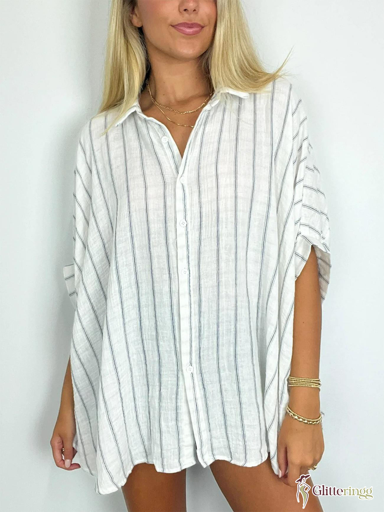 2024 Popular Oversized Striped Button Down Top Shirt Jacket