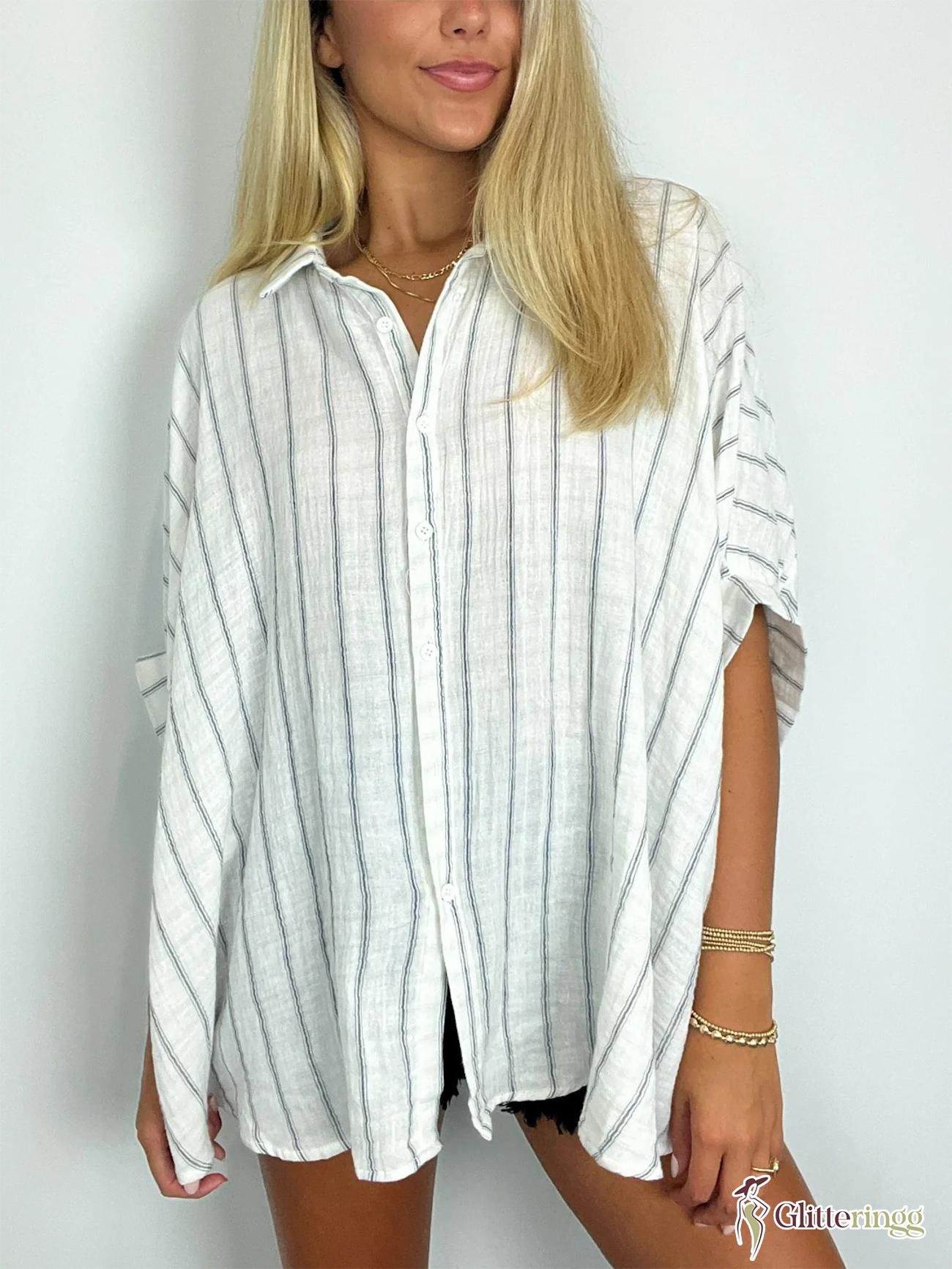 2024 Popular Oversized Striped Button Down Top Shirt Jacket