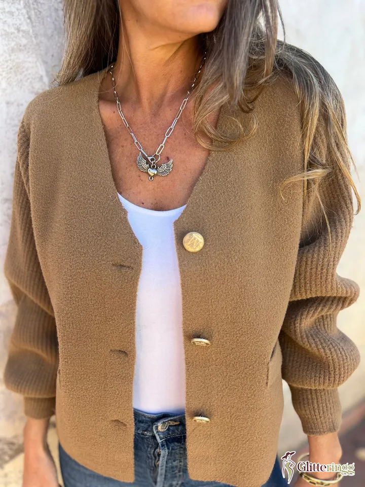 Cropped knitted sweater jacket with metallic buttons