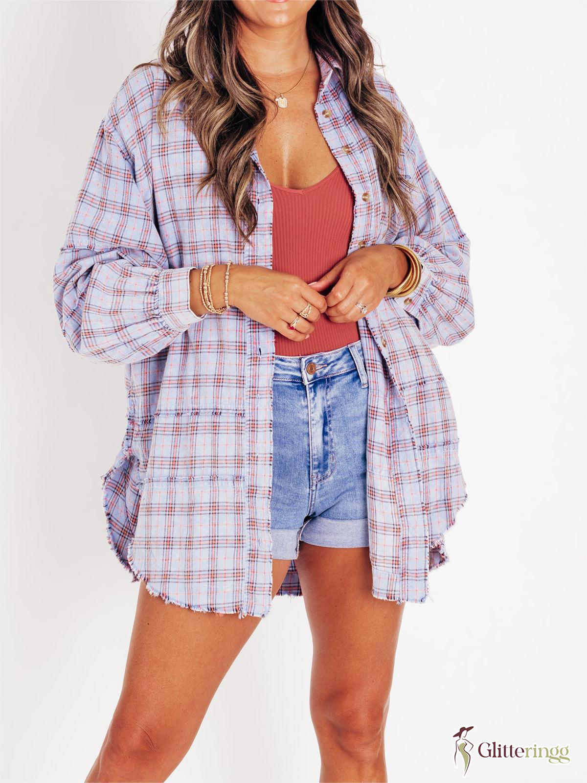 Women's Seams Raw Edge Washed Oversized Shirt Jacket with Pockets(BUY 2 FREE SHIPPING)